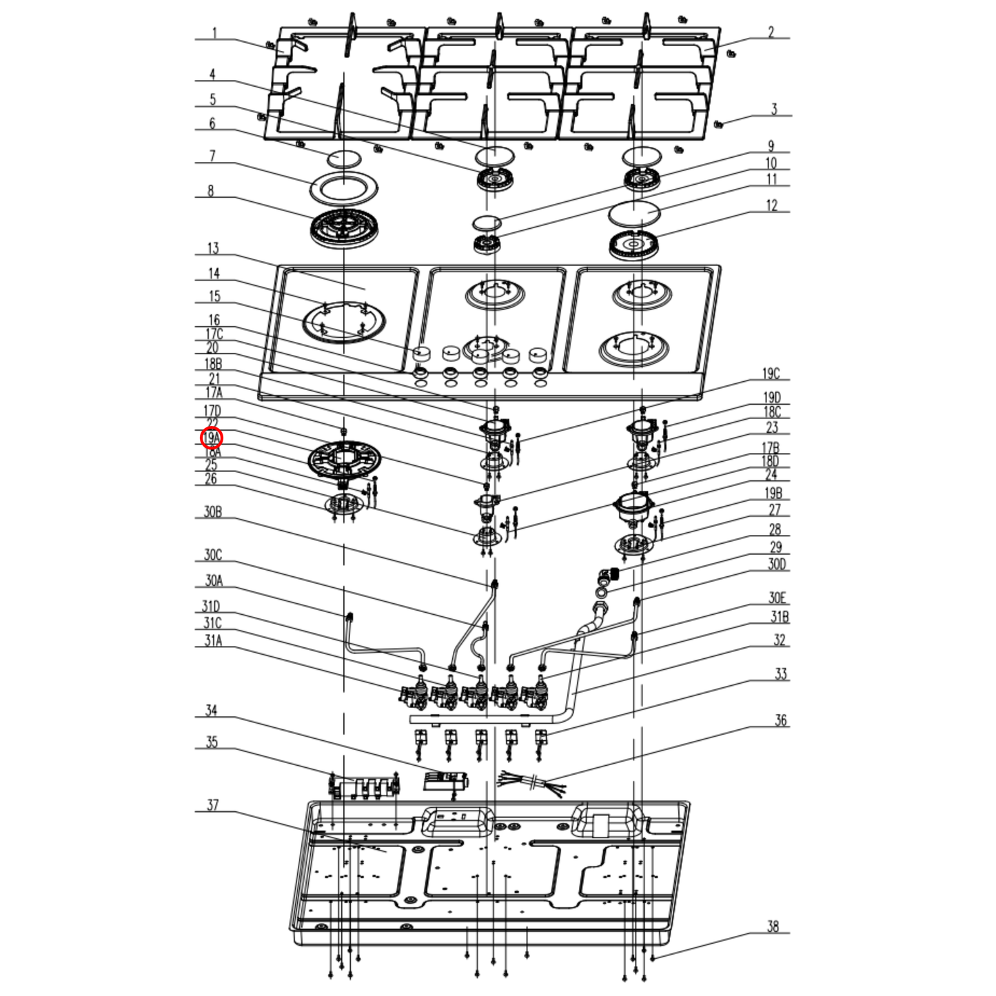 30401800008 Arda, Technika Gas Cooktop Wok Thermocouple 400MM - 32312010