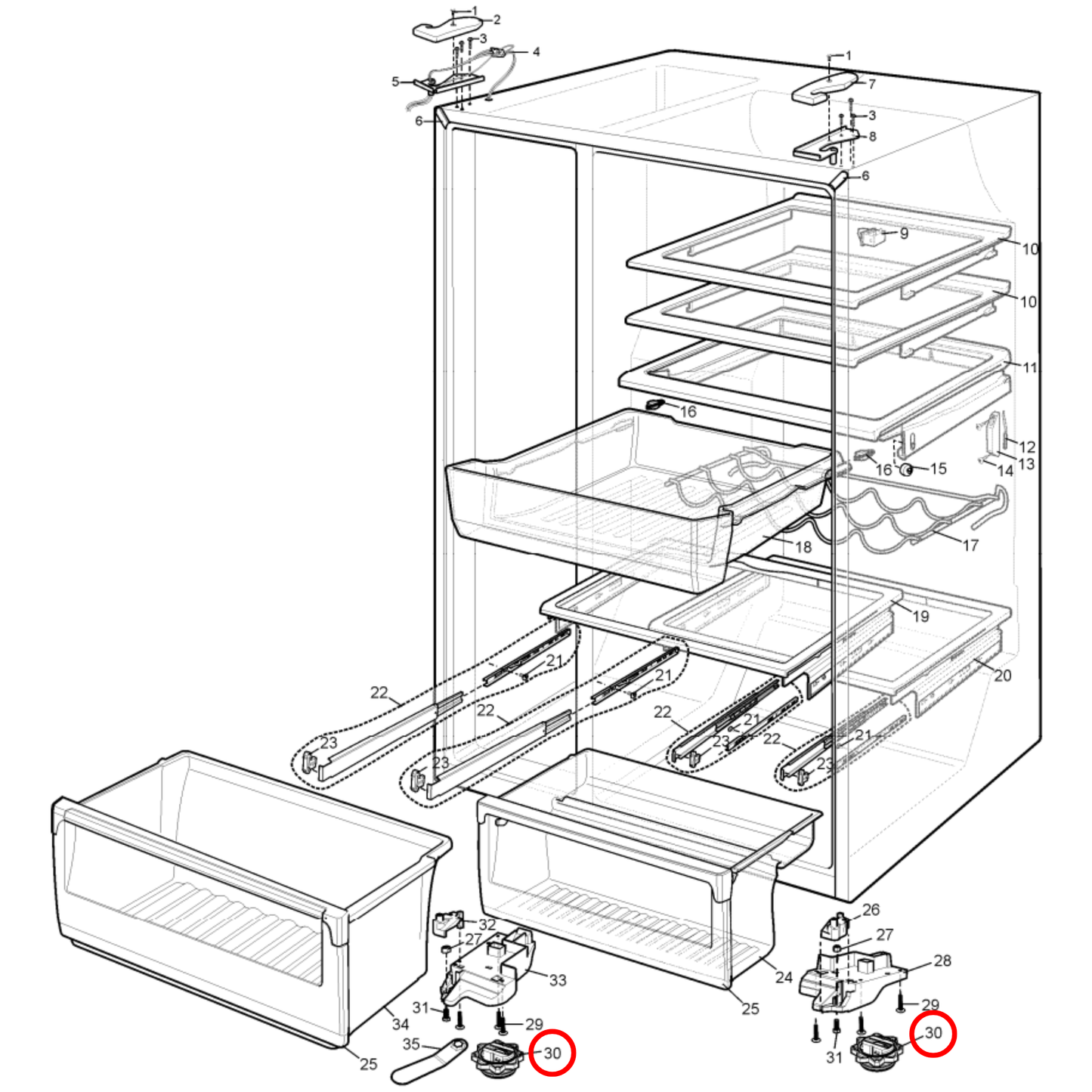 4055216925 Electrolux, Westinghouse Fridge Door Lower Right Hand Hinge - 1416794, 1458179