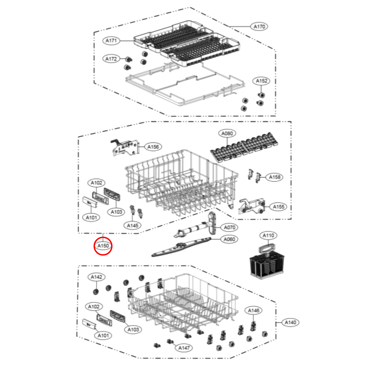 AHB72929101 LG Dishwasher Upper Rack Assembly