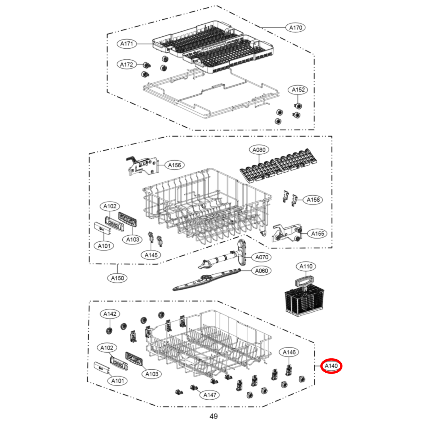 AHB72909105 LG Dishwasher Lower Rack Assembly - AHB72909101