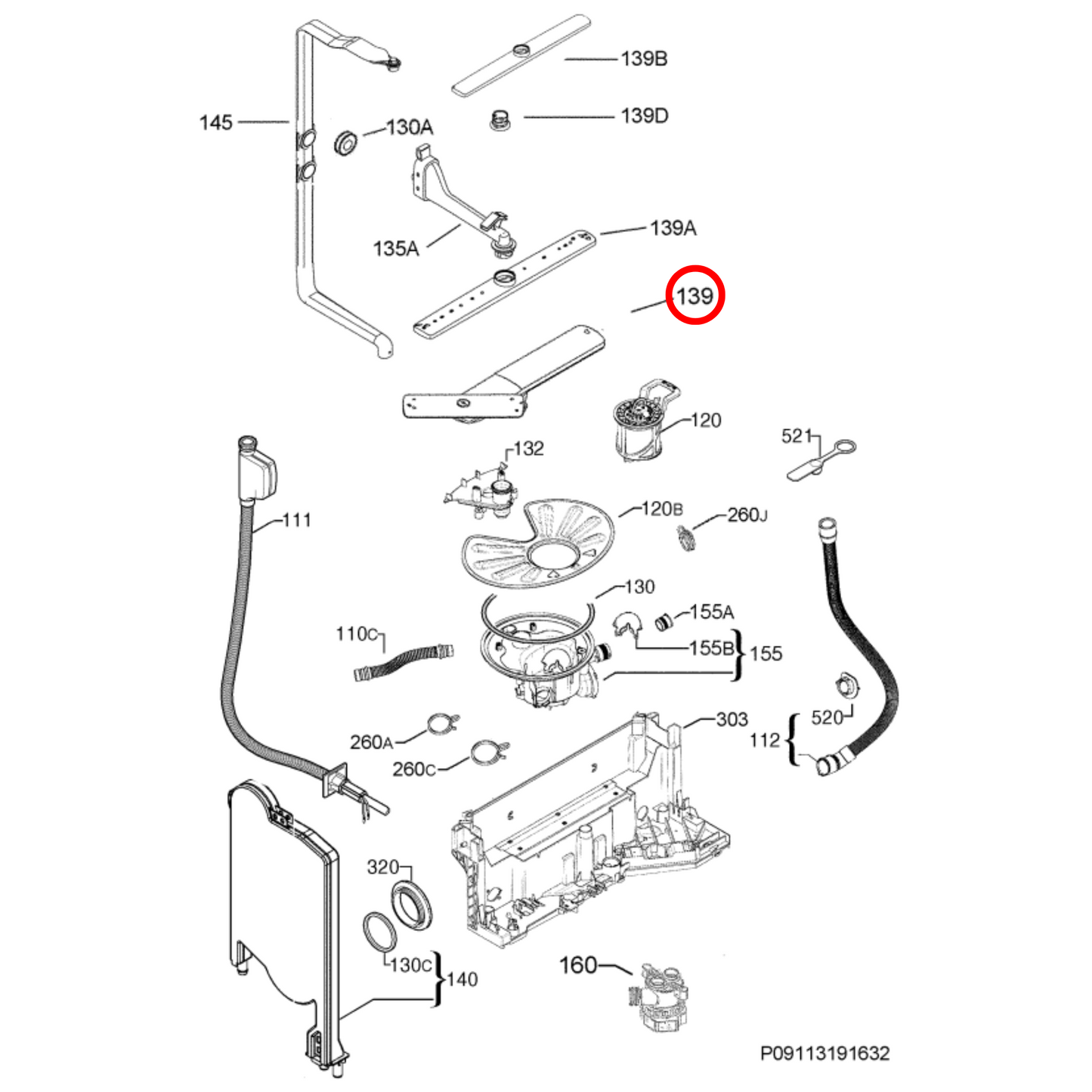 1119226379 AEG Dishwasher Lower Spray Arm Genuine