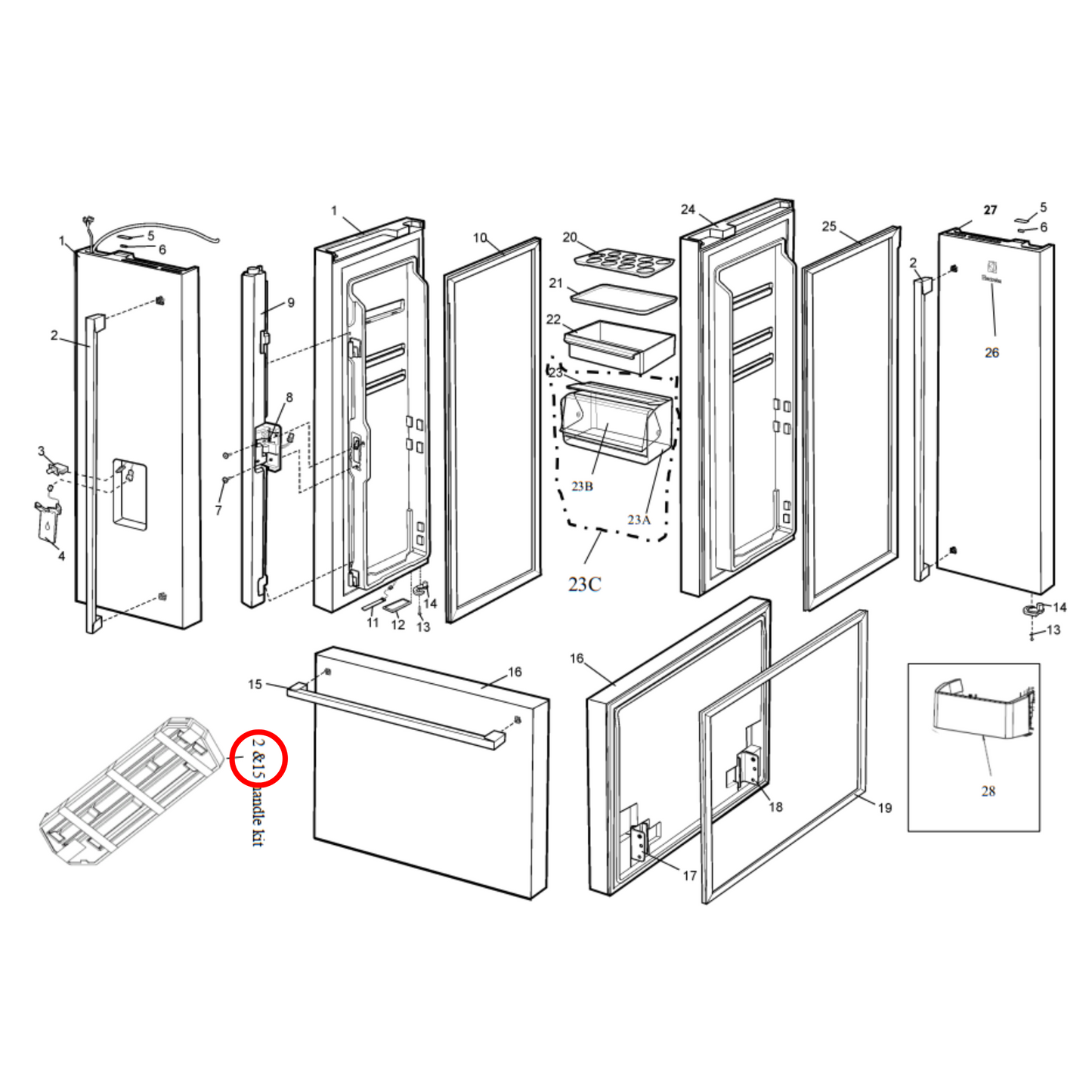 140023311024 Electrolux, Westinghouse Fridge Door Handle Kit Assy - A02331102