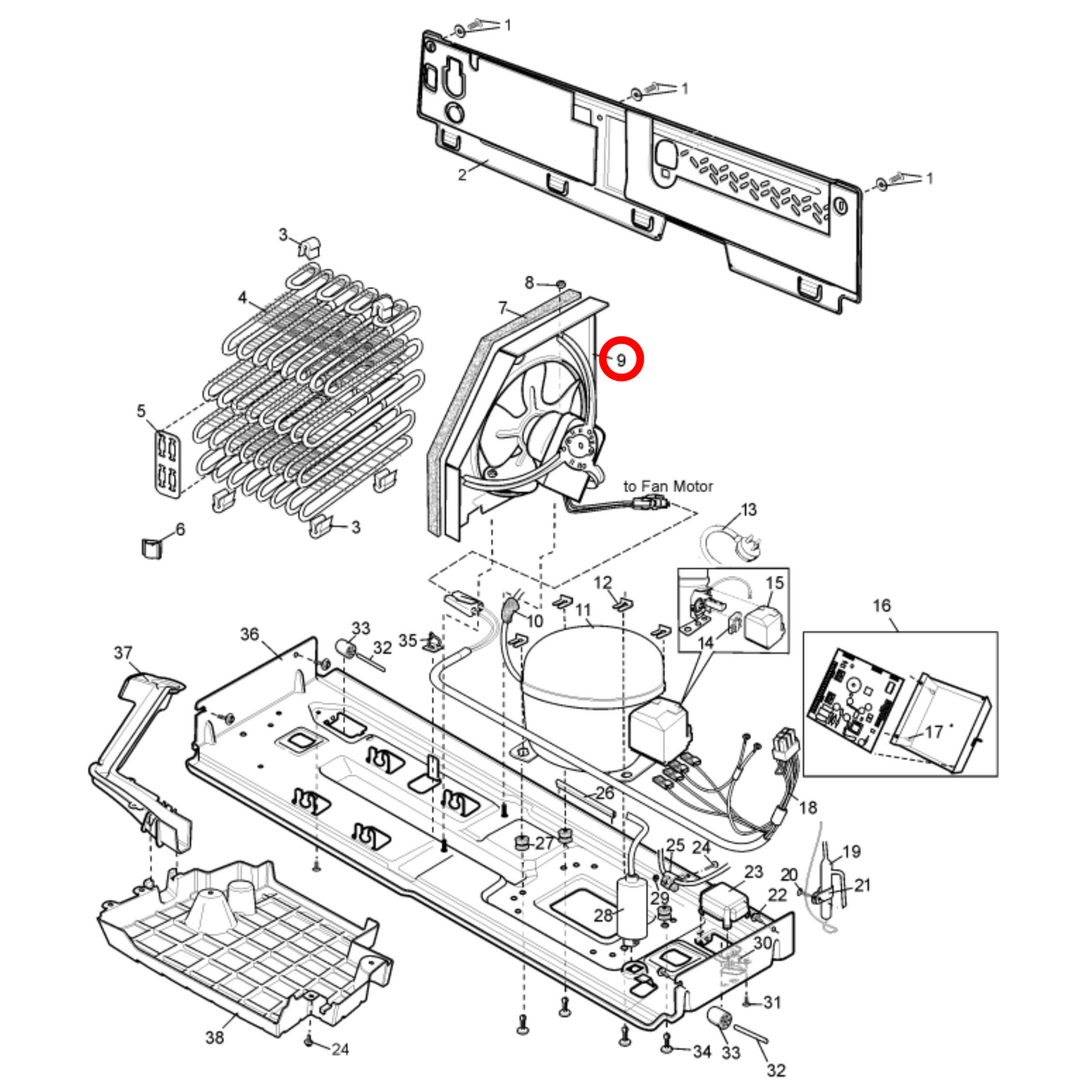 4055577300 Electrolux, Westinghouse Fridge Condenser Motor Fan & Shroud Assembly - 1460307K