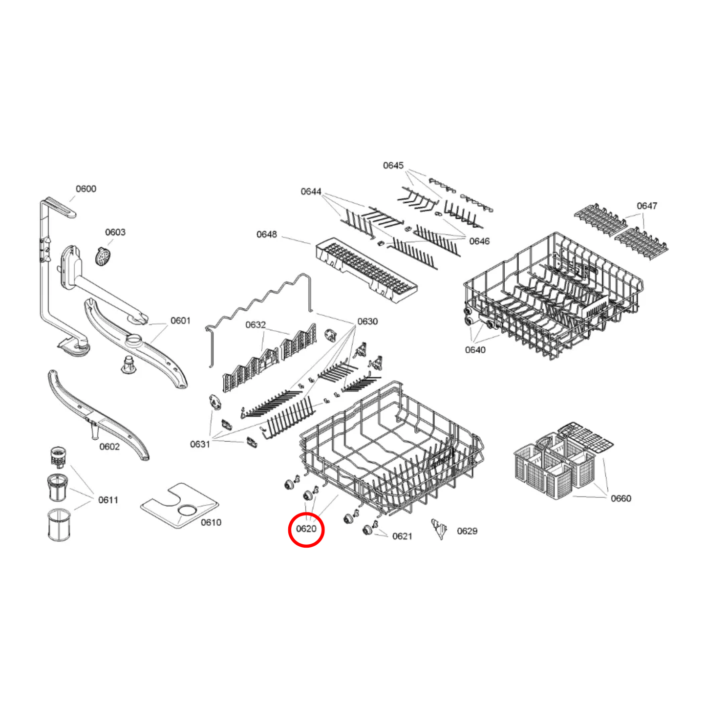 20006942 Bosch, Siemens Dishwasher Lower Basket Assembly - 00662001